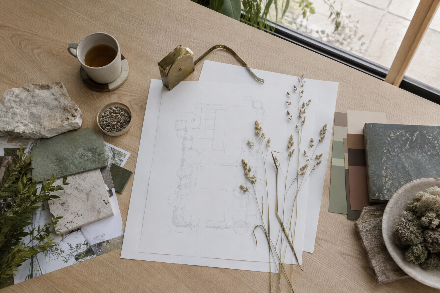 Garden plan, stone samples and dried stems arranged on a pale oak table