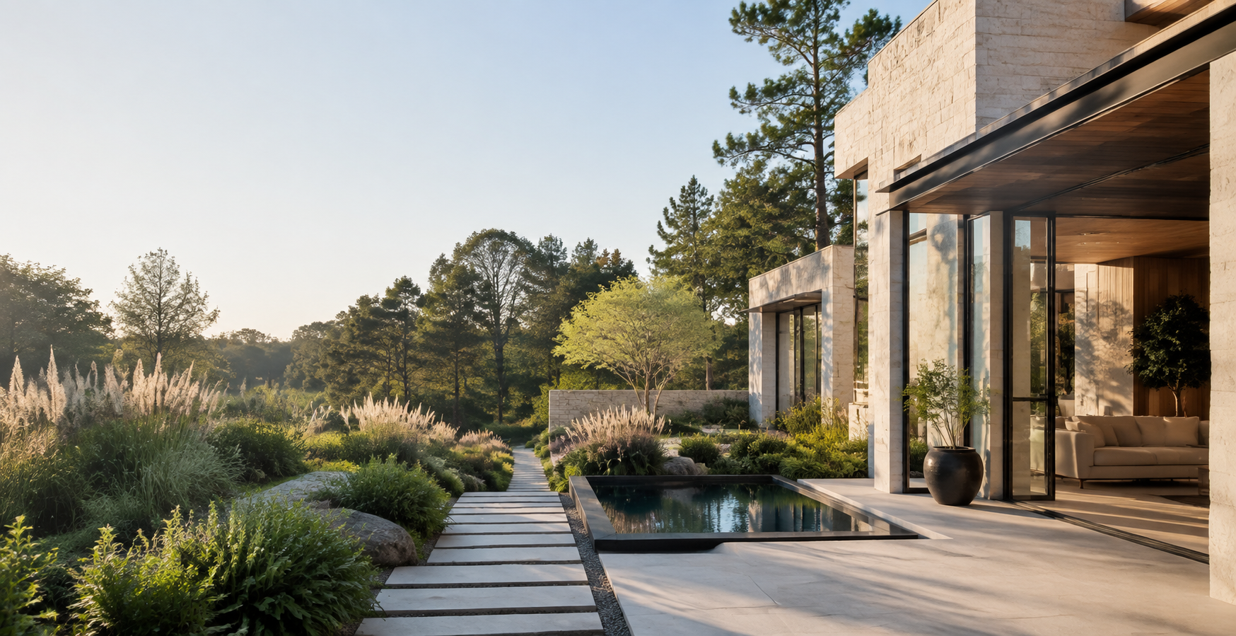 Contemporary garden residence with limestone walls and landscaped path