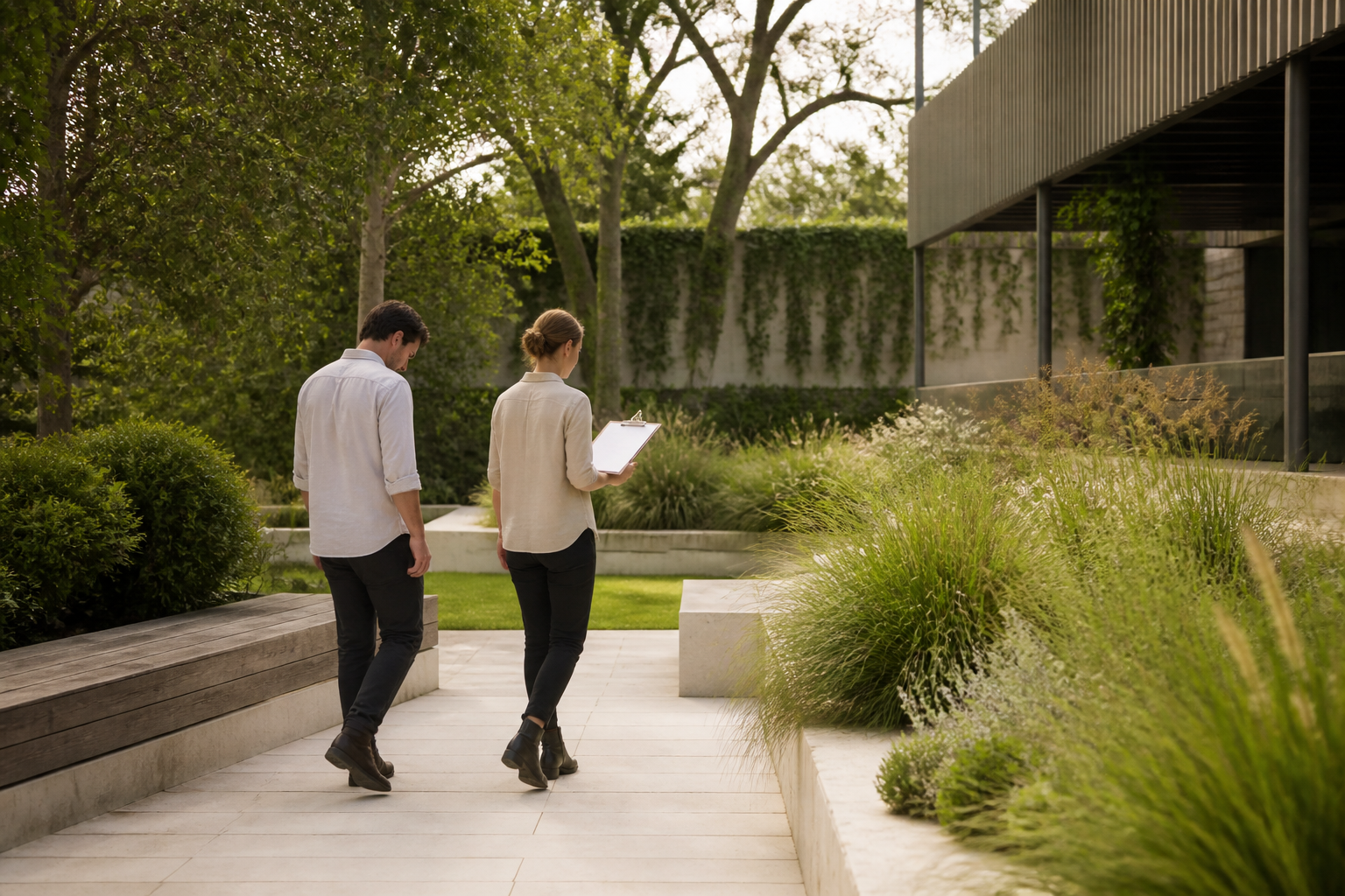 Professionals reviewing a landscaped terrace beside garden beds